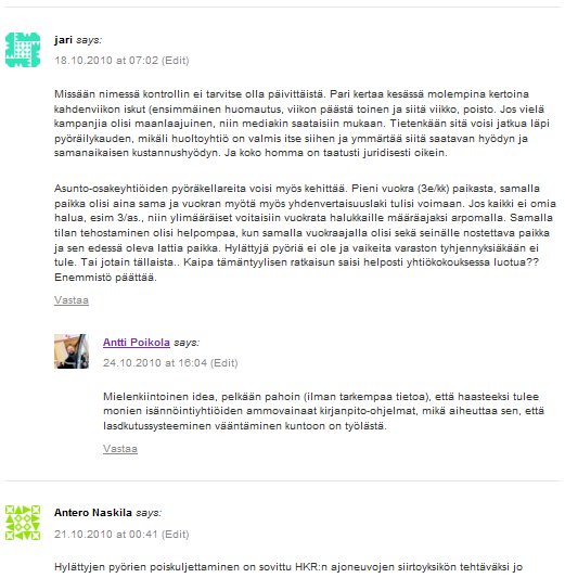 Esimerkki sisennetystä kommentoinnista, jossa Antti Poikola vastaa Jarin kommenttiin.