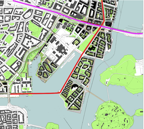 Jos siltayhteys tehdään Hakaniemeen, paras reitti baanalle kulkee Kalasataman puiston läpi ja Sompasaaren länsireunaa pitkin.