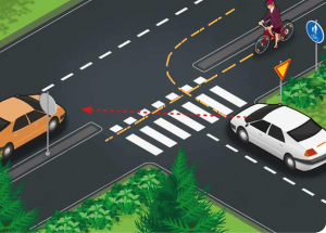 Oikealle kääntyvä autoilija tarkkailee vasemmalta tulevija autoja ja unohtaa oikealta tulevan pyörän. Kuva: Liikenneturva/kirjoittajan muokkaama