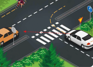 Jos pyöräilijän sallitaan noudattaa oikeanpuoleista liikennettä, oikealle kääntyvän auton ongelma katoaa. Kuva: Liikenneturva (muokattu)