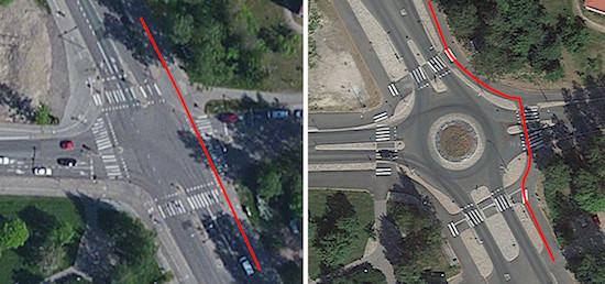Pyöräilijän ajolinja ennen ja jälkeen liikenneympyrän rakentamisen.