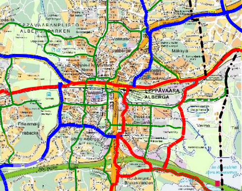 Punaisella merkitty tulevat laatureitit mm kaupunkiradan yhteyteen, jonka toteutus näyttää nyt siirtyvän tulevaisuuteen. Sinisellä seutureitit ja vihreällä paikallisreitit.